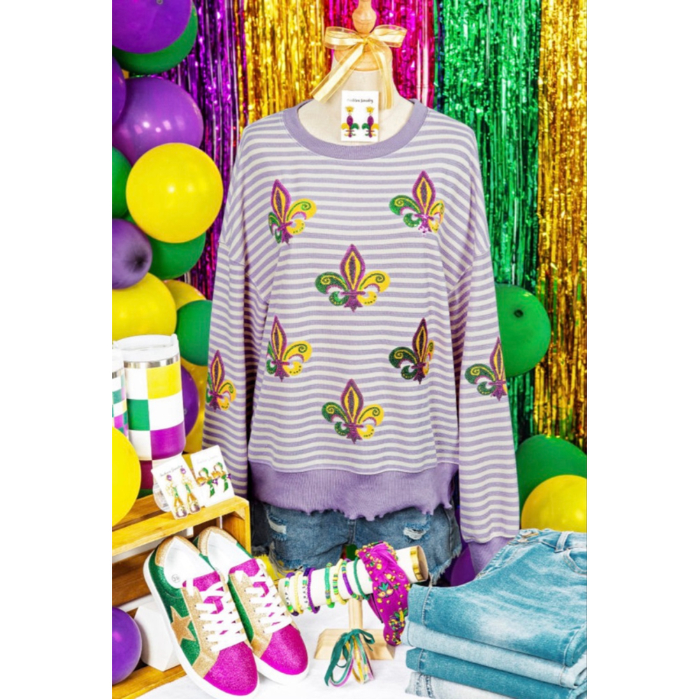 Purple Stripe Mardi Gras Sequin Fleur De Lis Patch Long Sleeve Top - Picture 4 of 11